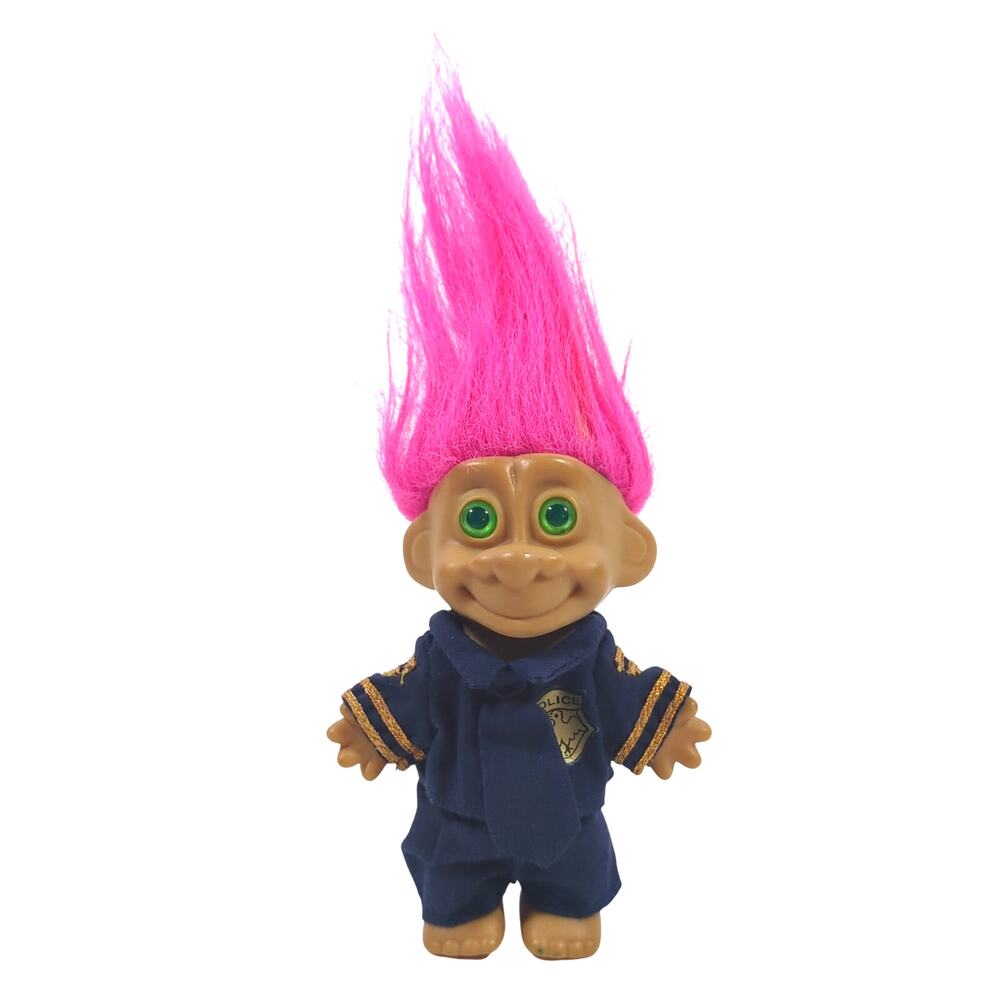 Vintage Trollkins Troll 5" Doll of Police Officer Cop Blue Uniform Tie Pink Hair